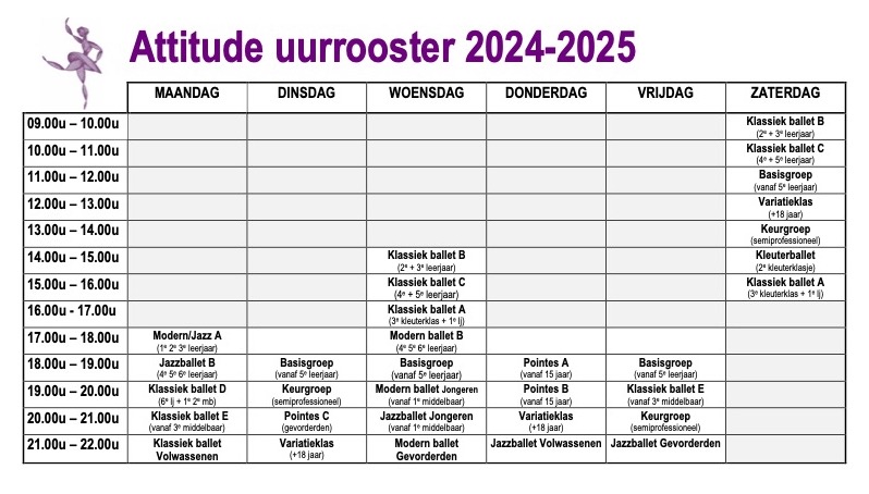 Uurrooster van Balletschool Attitude dansjaar 2024-2025